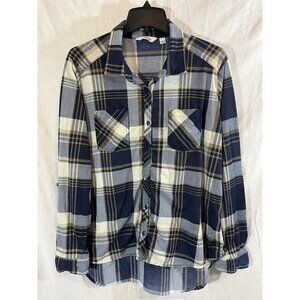 Great Northwest Indigo Women's Large Long Sleeve Navy & Tan Plaid Blouse